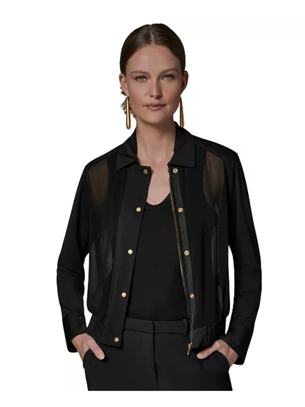 Black Sheer Bomber Jacket with Gold Hardware by Donna Karen
